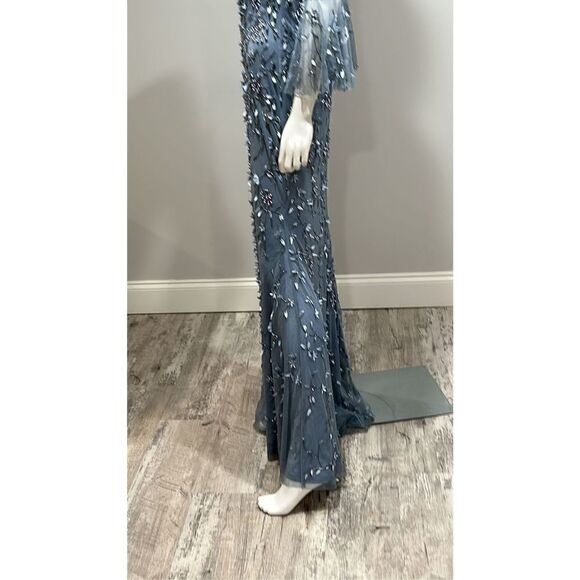 Theia Flounce Sleeve 3-D Embroidered and Beaded  Dusty Blue Gown Size 2 - Picture 11 of 14